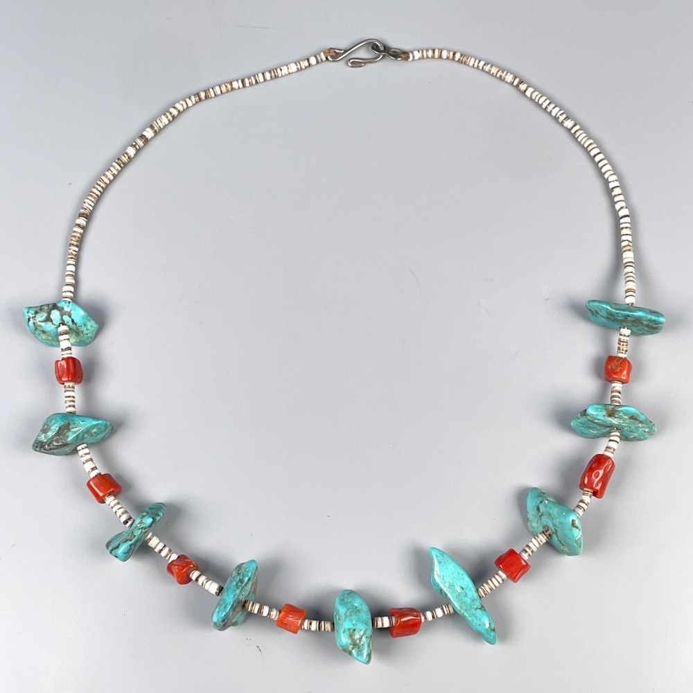 Southwestern Turquoise Coral Shell Heshi Necklace 19" Kewa Style Handmade